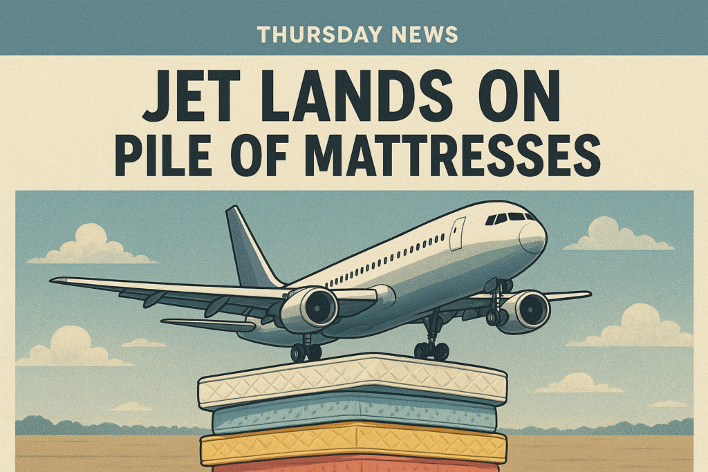 Jet lands on pile of mattresses