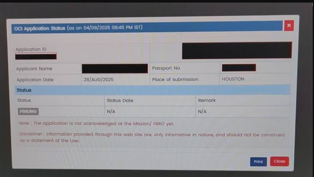 2Real-time OCI application status showing 'Pending' state at the Indian Consulate in Houston